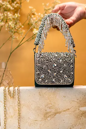 Dark green stone embroidered hand bag