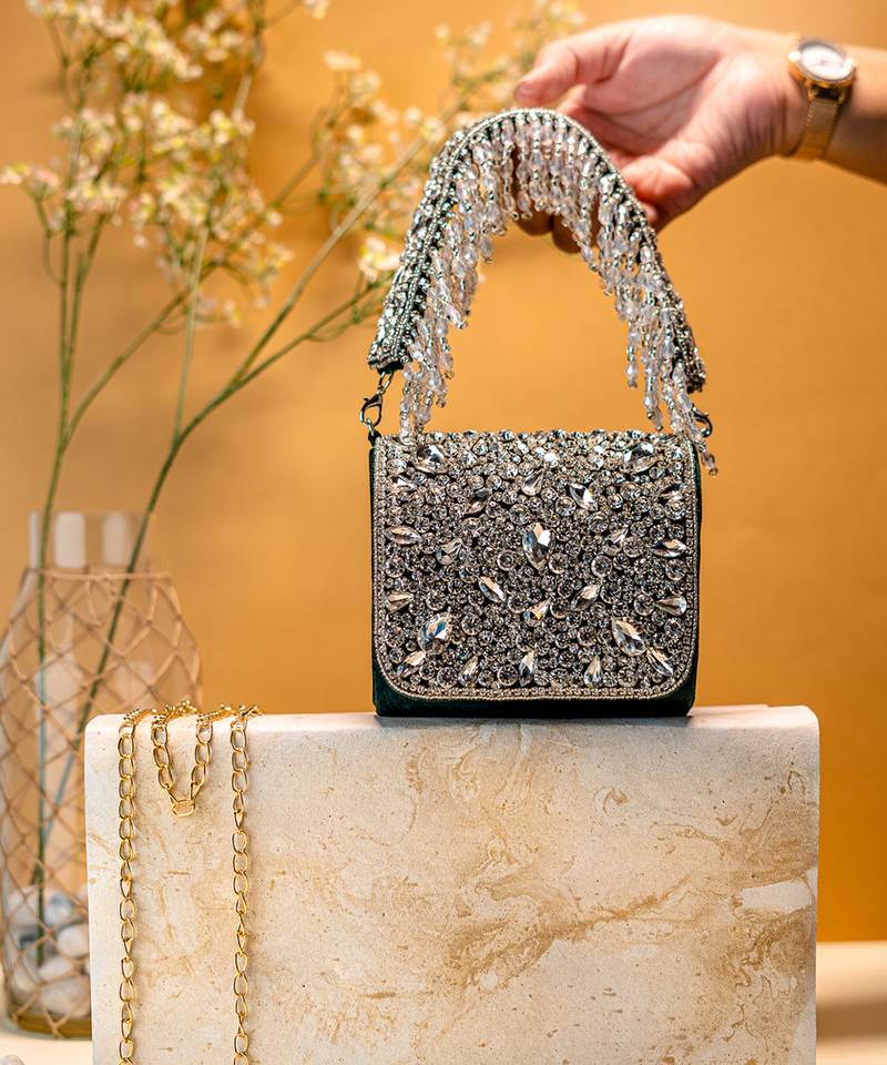 Dark green stone embroidered hand bag