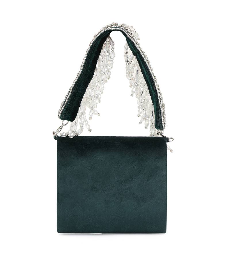 Dark green stone embroidered hand bag