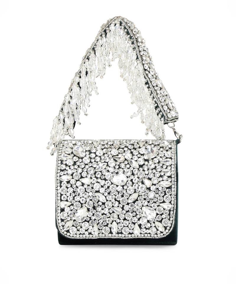 Dark green stone embroidered hand bag