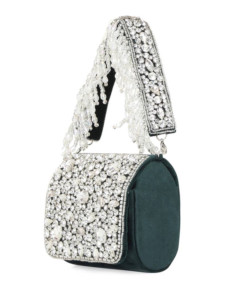 Dark green stone embroidered hand bag