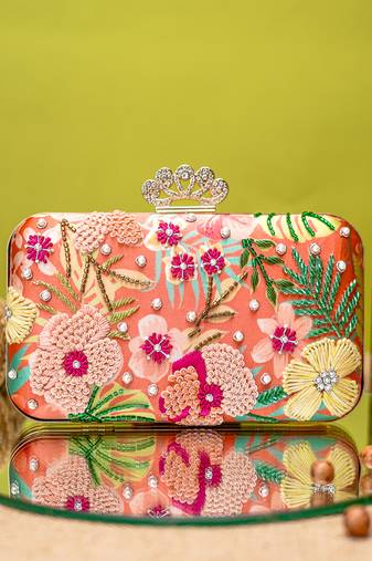 Pink floral embroidered clutch