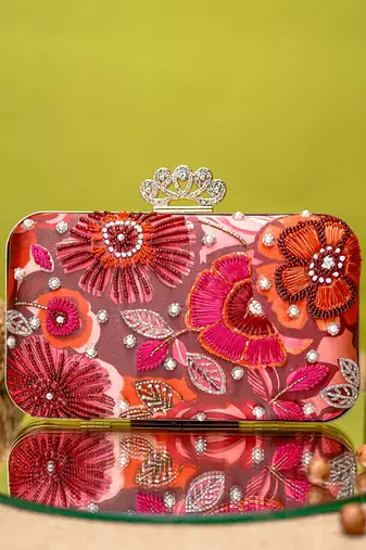 Red floral embroidered clutch