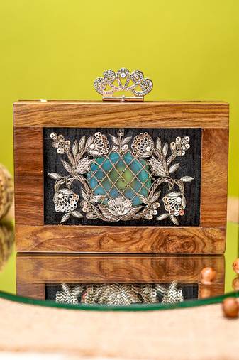 Brown floral embroidered clutch