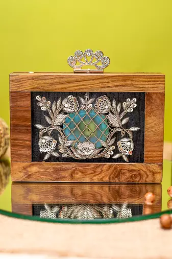 Brown floral embroidered clutch