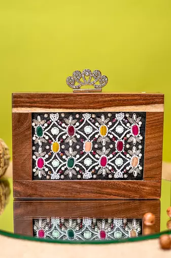 Brown stone embroidered clutch