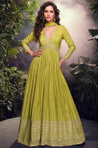 party wear parrot green viscous silk anarkali suit for women