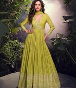 party wear parrot green viscous silk anarkali suit for women