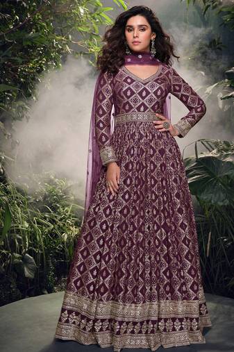 party wear wine viscous silk anarkali suit for women