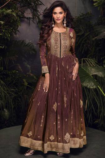 party wear brown viscous silk anarkali suit for women
