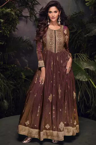 party wear brown viscous silk anarkali suit for women