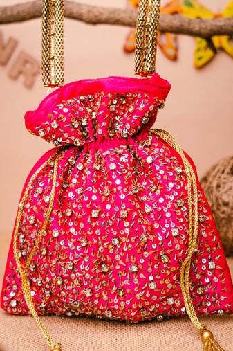 Pink sequin embroidered potli bag
