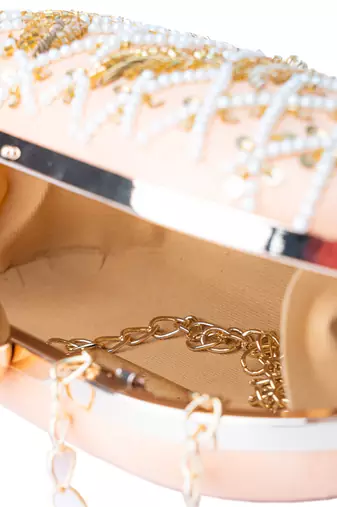 Peach pearl embroidered clutch