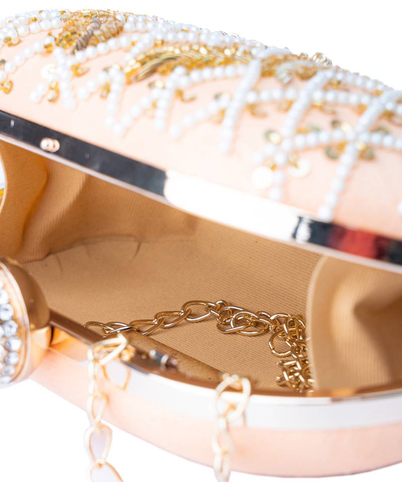 Peach pearl embroidered clutch