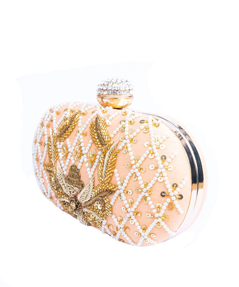 Peach pearl embroidered clutch