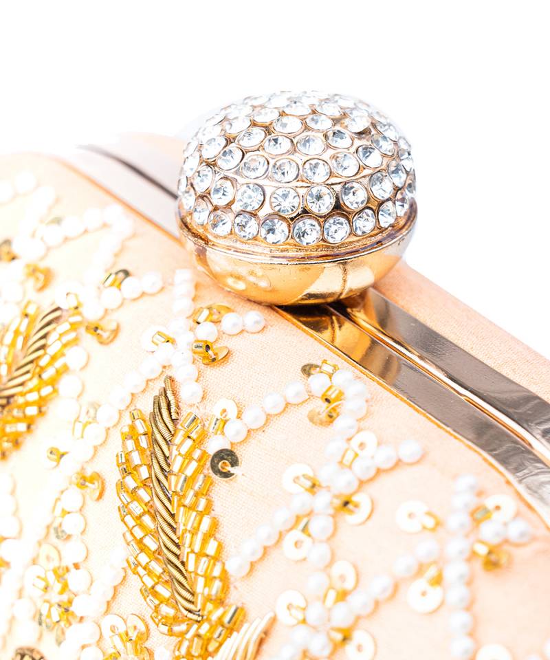 Peach pearl embroidered clutch