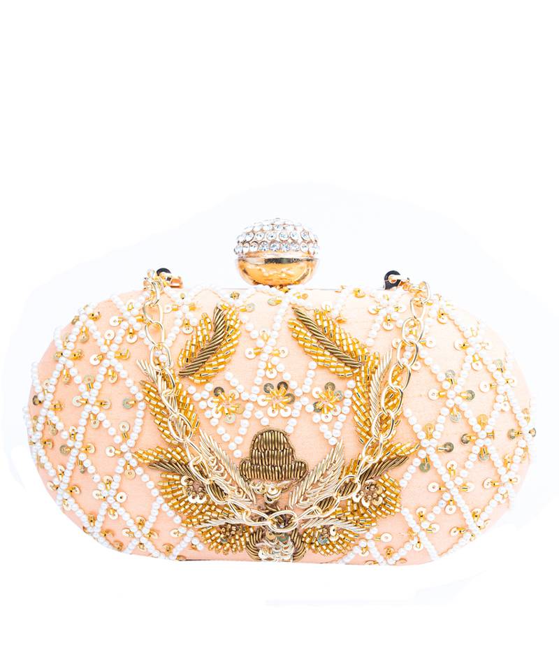 Peach pearl embroidered clutch