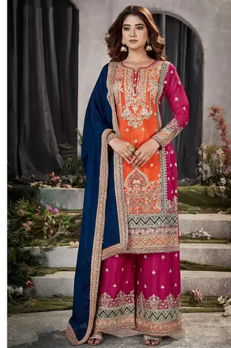 designer orange multicolored chinon palazzo suit set for women