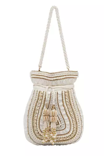 White pearl embroidered potli bag