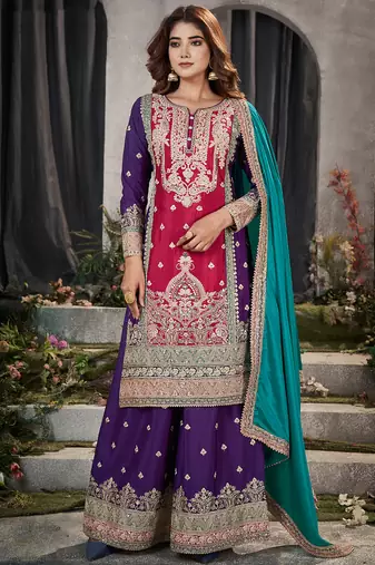designer pink multicolored chinon palazzo suit set for women