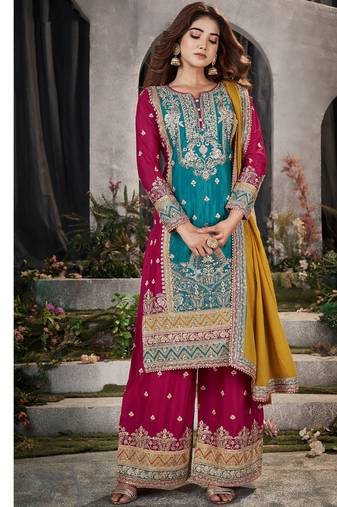 designer aqua blue multicolored chinon palazzo suit set for women