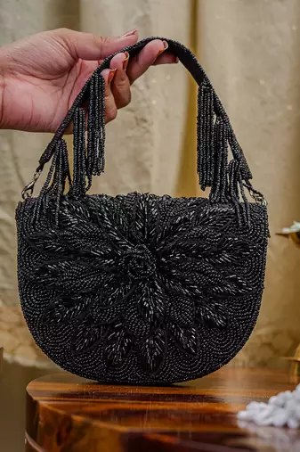 Black floral embroidered clutch