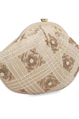 Beige floral embroidered clutch