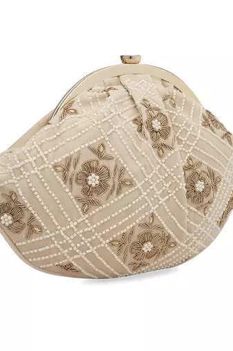 Beige floral embroidered clutch