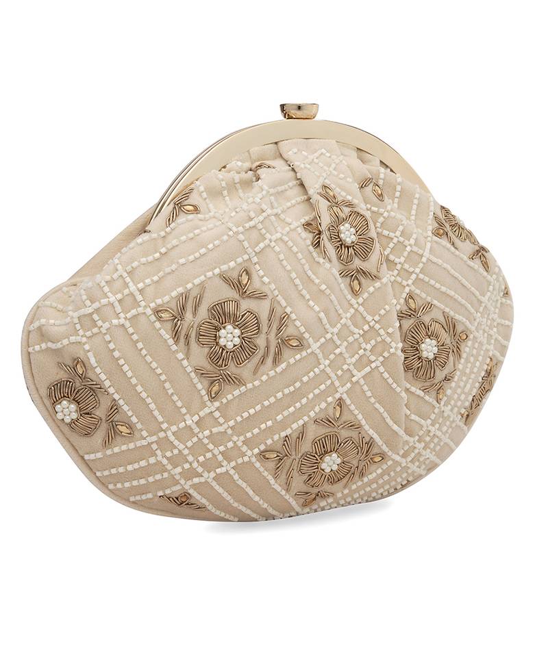 Beige floral embroidered clutch