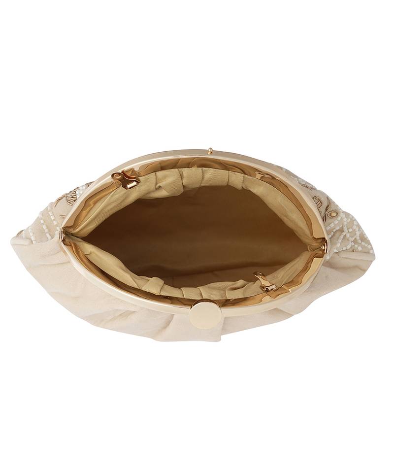 Beige floral embroidered clutch
