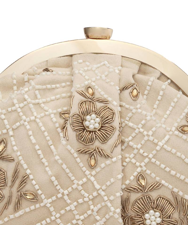 Beige floral embroidered clutch