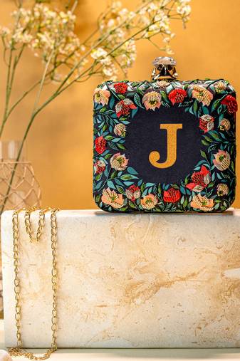 Blue floral embroidered customised 'J' clutch