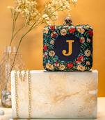 Blue floral embroidered customised 'J' clutch