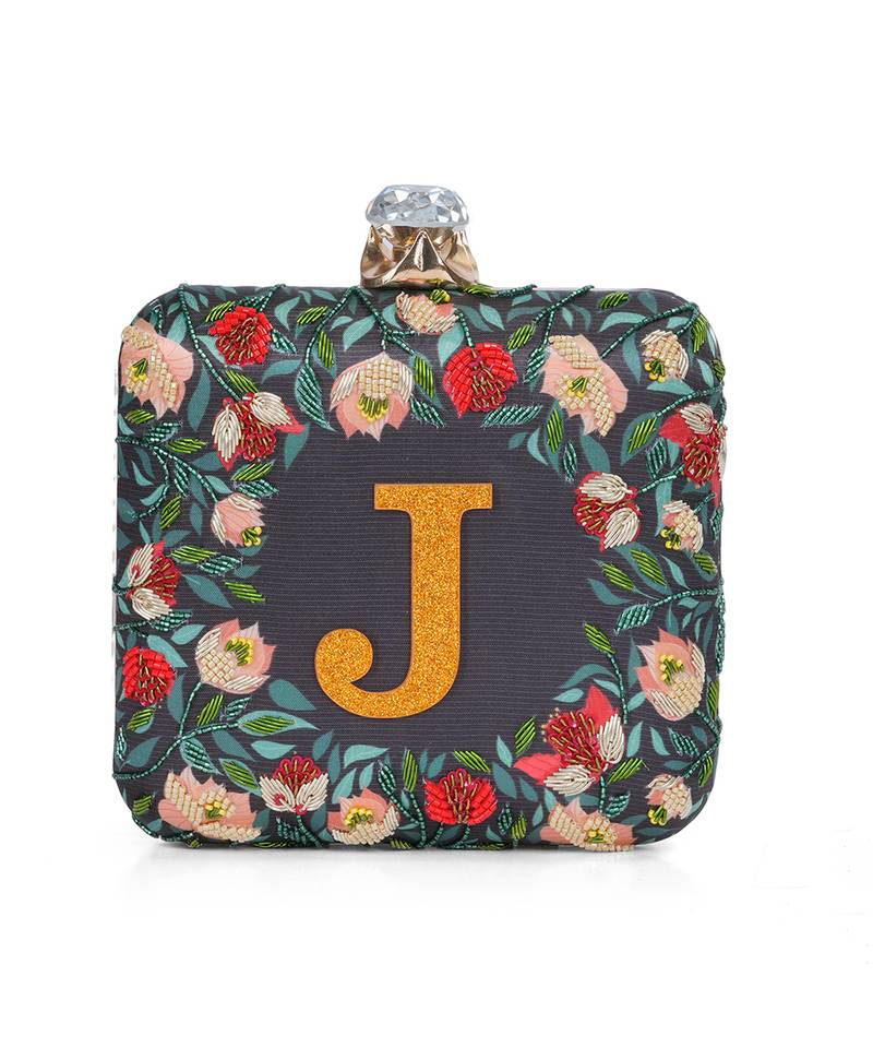 Blue floral embroidered customised 'J' clutch