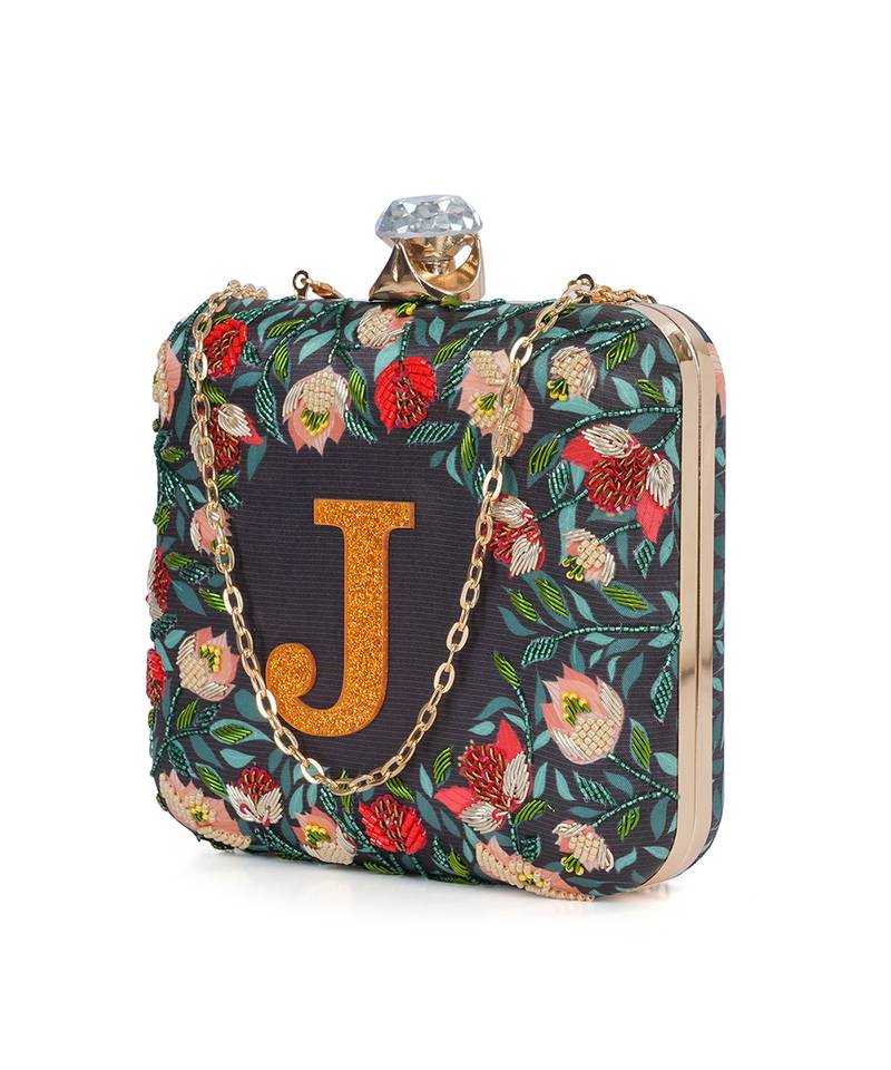 Blue floral embroidered customised 'J' clutch