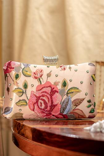 Pink floral embroidered clutch