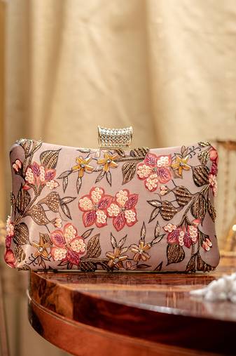 Pink floral embroidered clutch