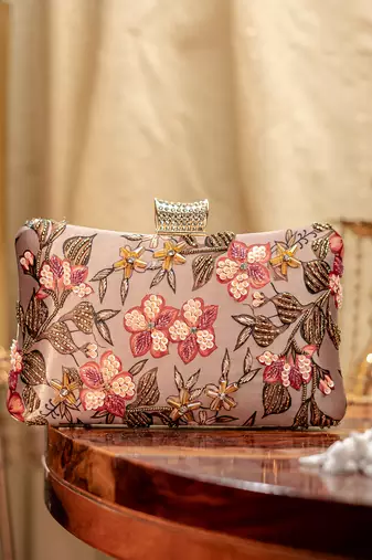Pink floral embroidered clutch