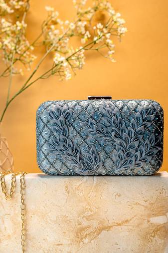 Grey floral embroidered clutch