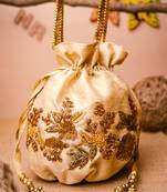 Beige floral embroidered potli bag