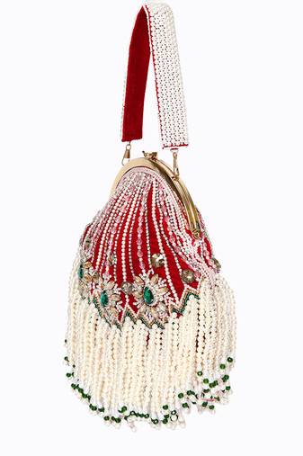 Red pearl embroidered potli bag