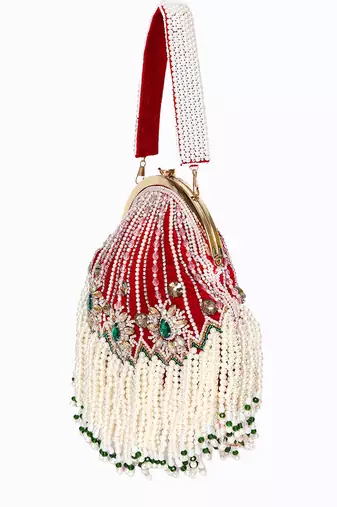 Red pearl embroidered potli bag