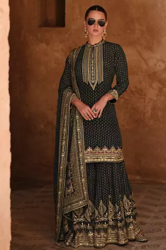 latest wedding wear russian silk black gharara suit for women