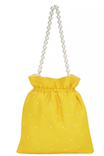 Yellow pearl embroidered potli bag