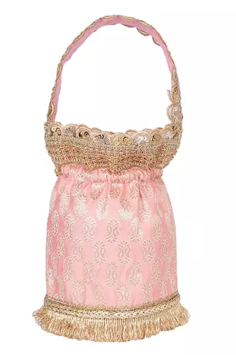 Pink floral embroidered potli bag
