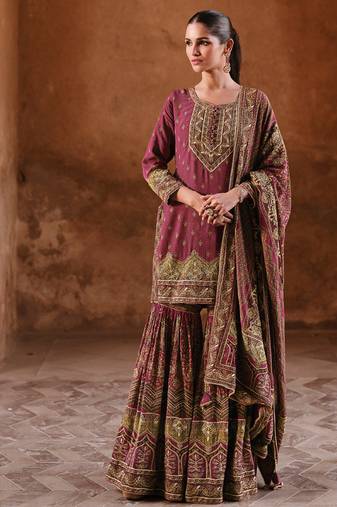 latest wedding wear russian silk maroon gharara suit for women