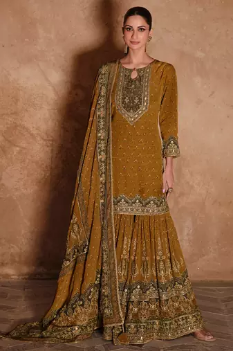 latest wedding wear russian silk mustard gharara suit for women