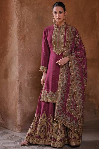 latest wedding wear russian silk magenta gharara suit for women