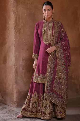 latest wedding wear russian silk magenta gharara suit for women