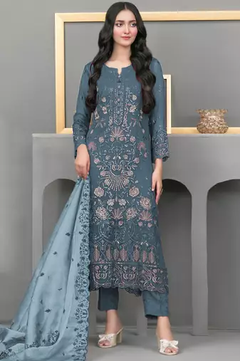 Dark aqua blue color embroideried faux georgette semi stitched salwar suit